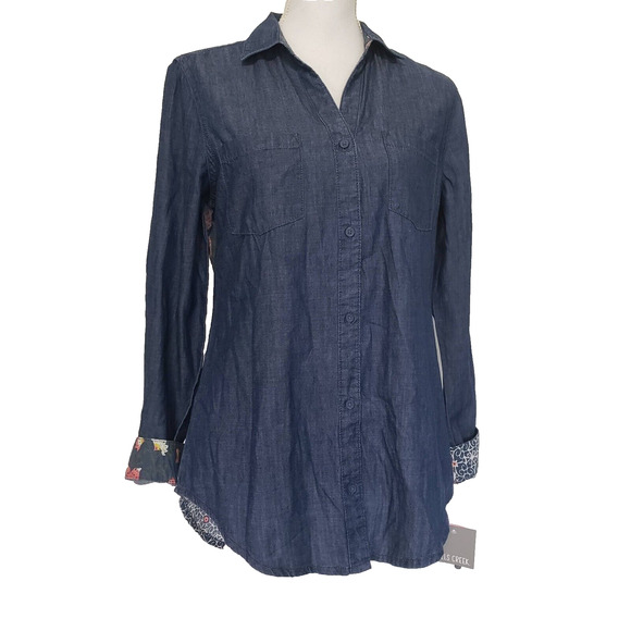 NEW!! Falls Creek SIZE S Quilted Pattern Blue Button Up Denim Shirt Long Sleeve - Picture 1 of 12